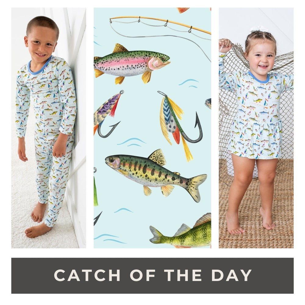Children wearing pajamas with fish patterns and a fishing-themed towel.