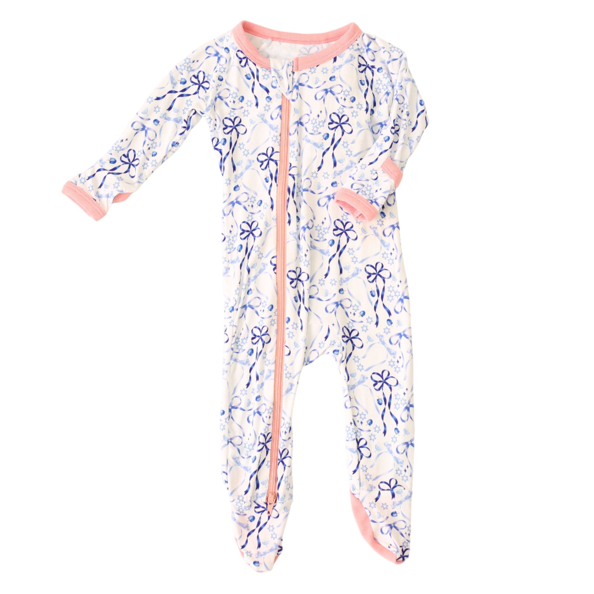 Floral-patterned baby onesie with pink accents on a white background