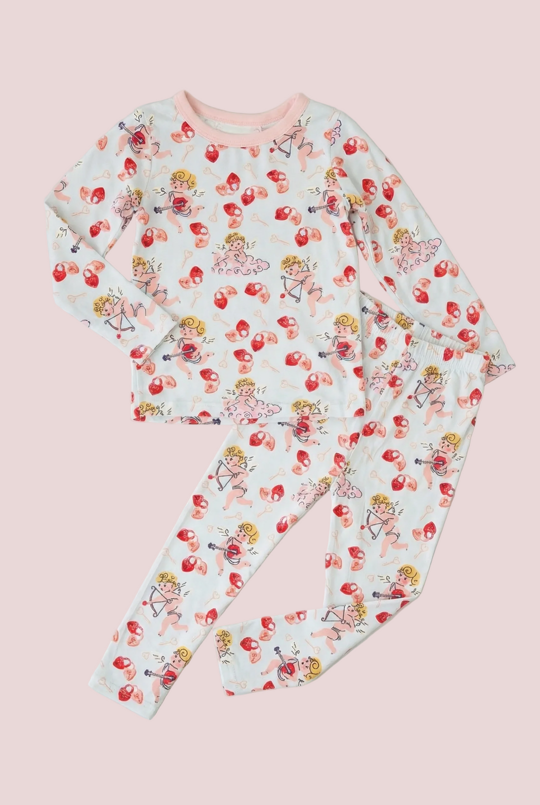 Children's pajama set with cherry and angel design on a light gray background