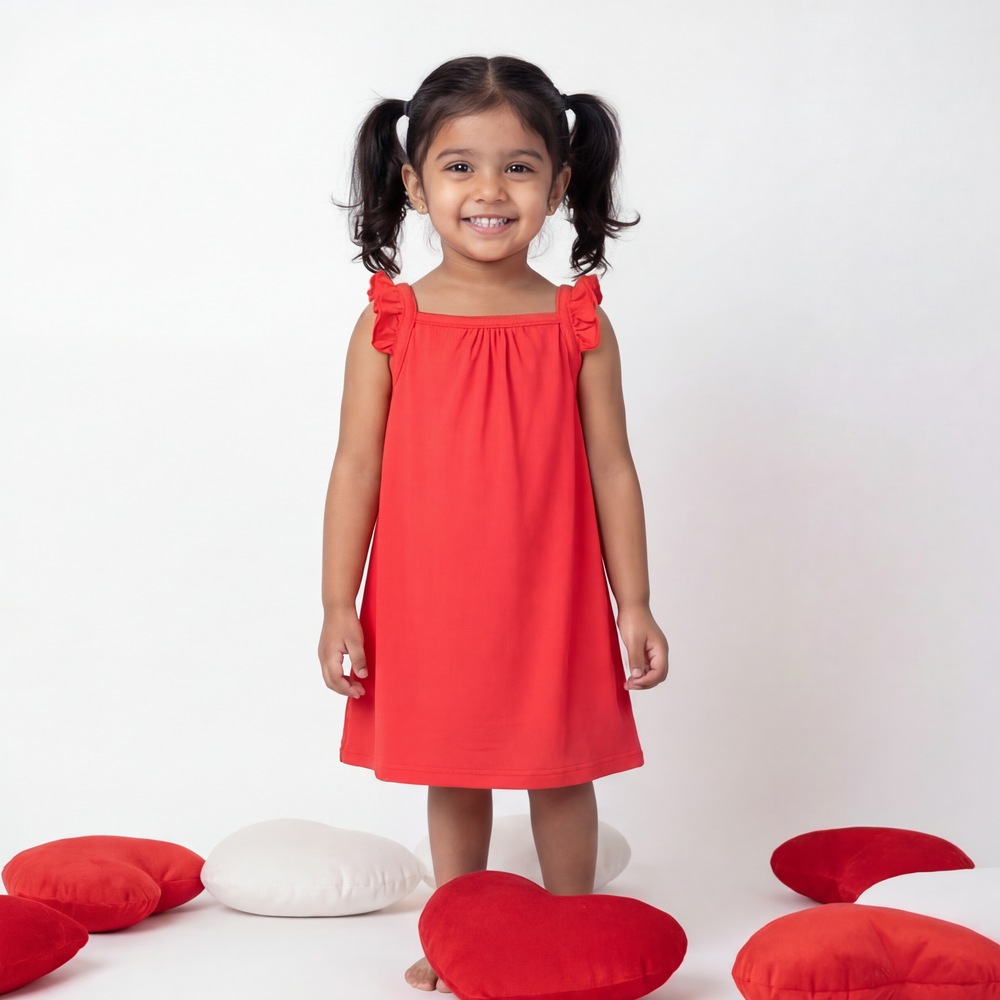 Young girl in a red dress standing among red and white heart-shaped cushions on a white background