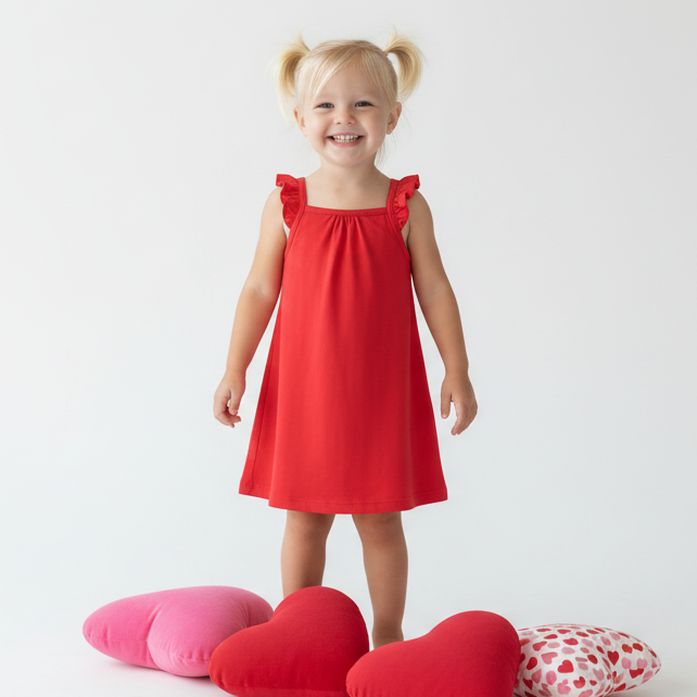 Red dress with ruffled straps on a wooden hanger against a white wooden background