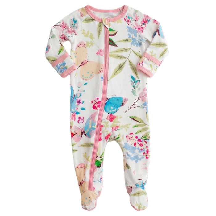 Floral-patterned baby onesie with a pink zipper on a white background