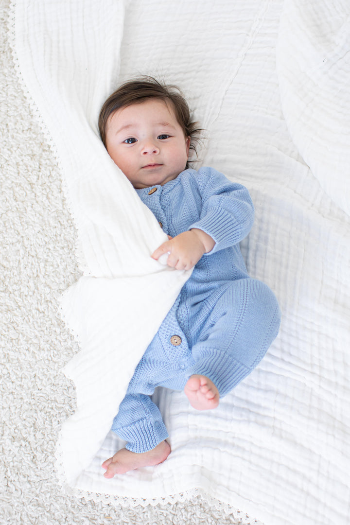 Pointelle Knit Romper in Powder Blue