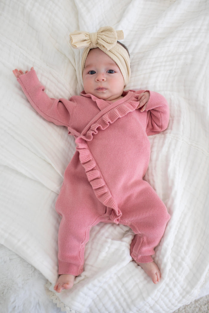 Ruffle Knit Romper in Dusty Rose