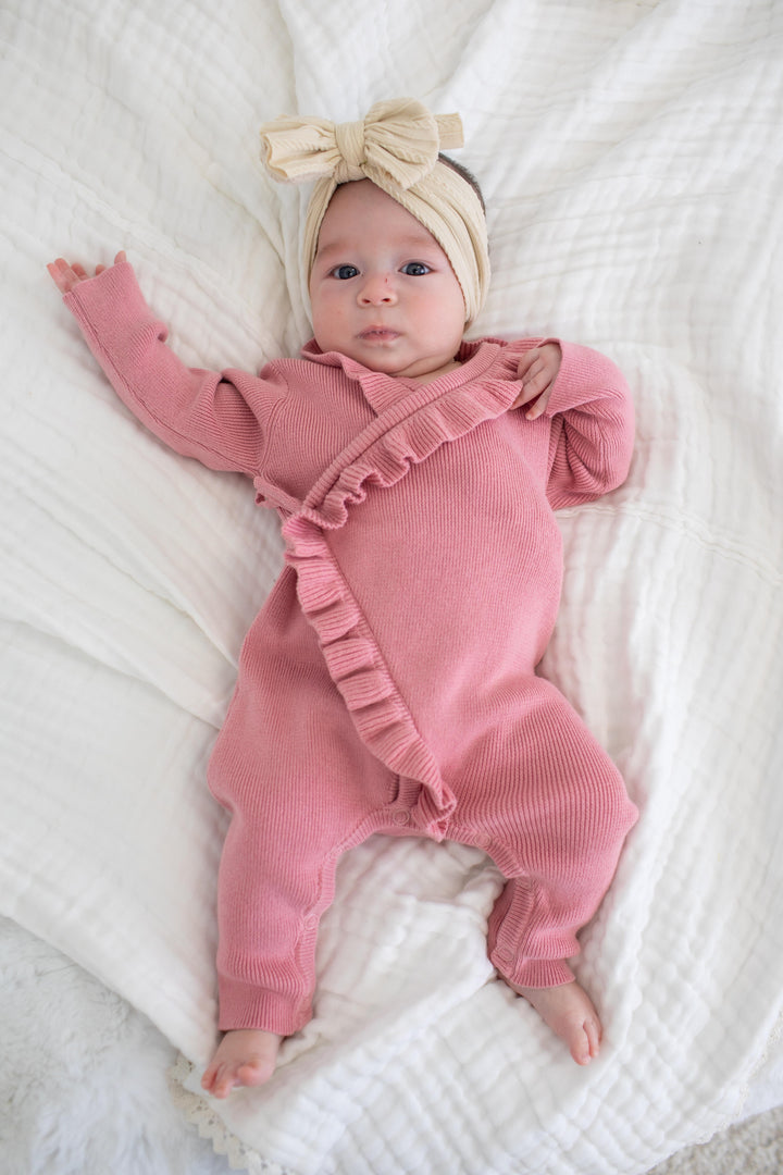 Ruffle Knit Romper in Dusty Rose