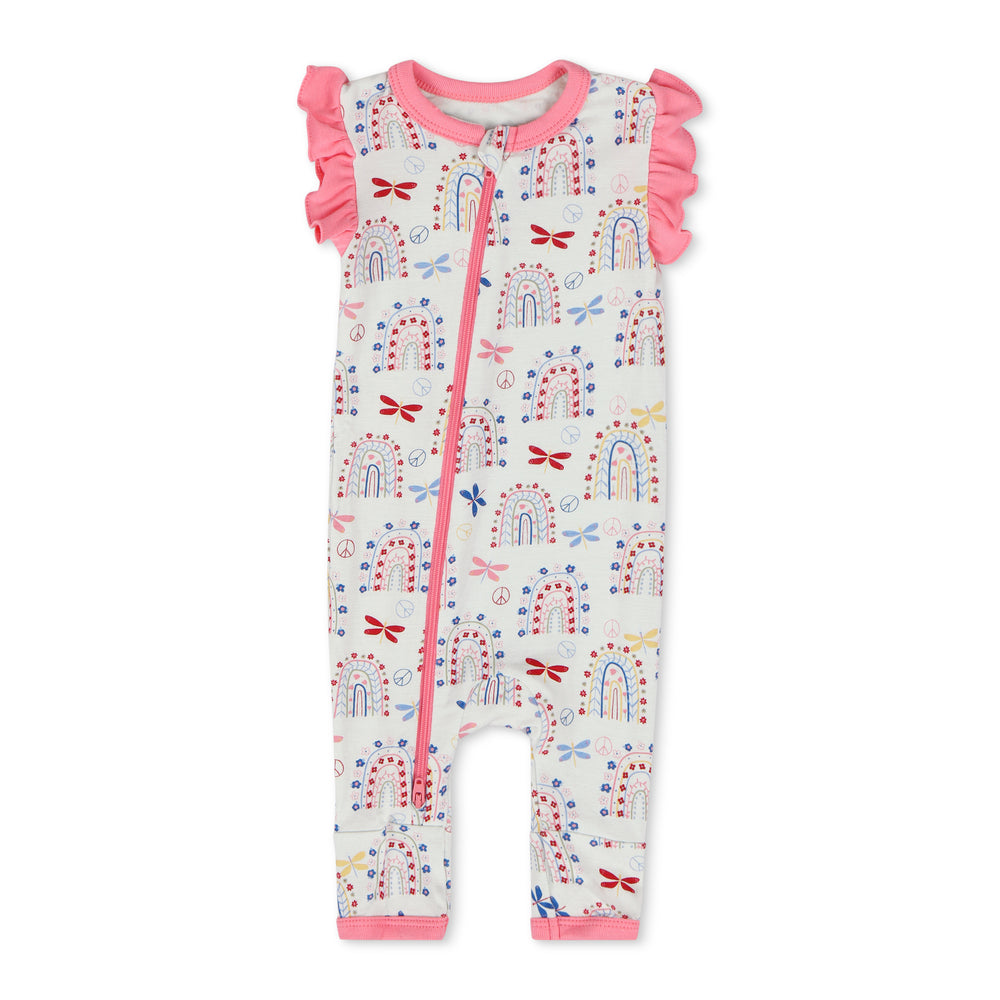 Baby romper with colorful patterns on a white background