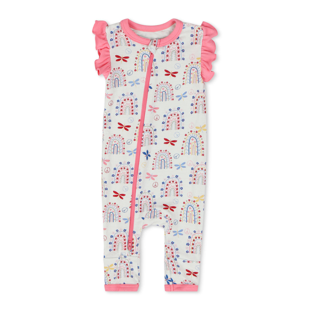 Baby romper with colorful patterns on a white background