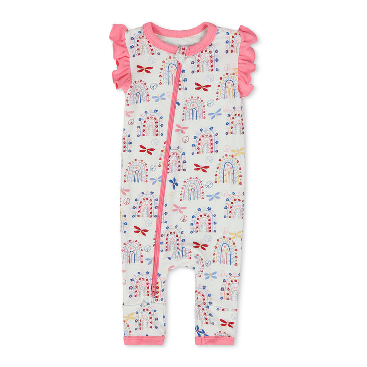Baby romper with colorful patterns on a white background