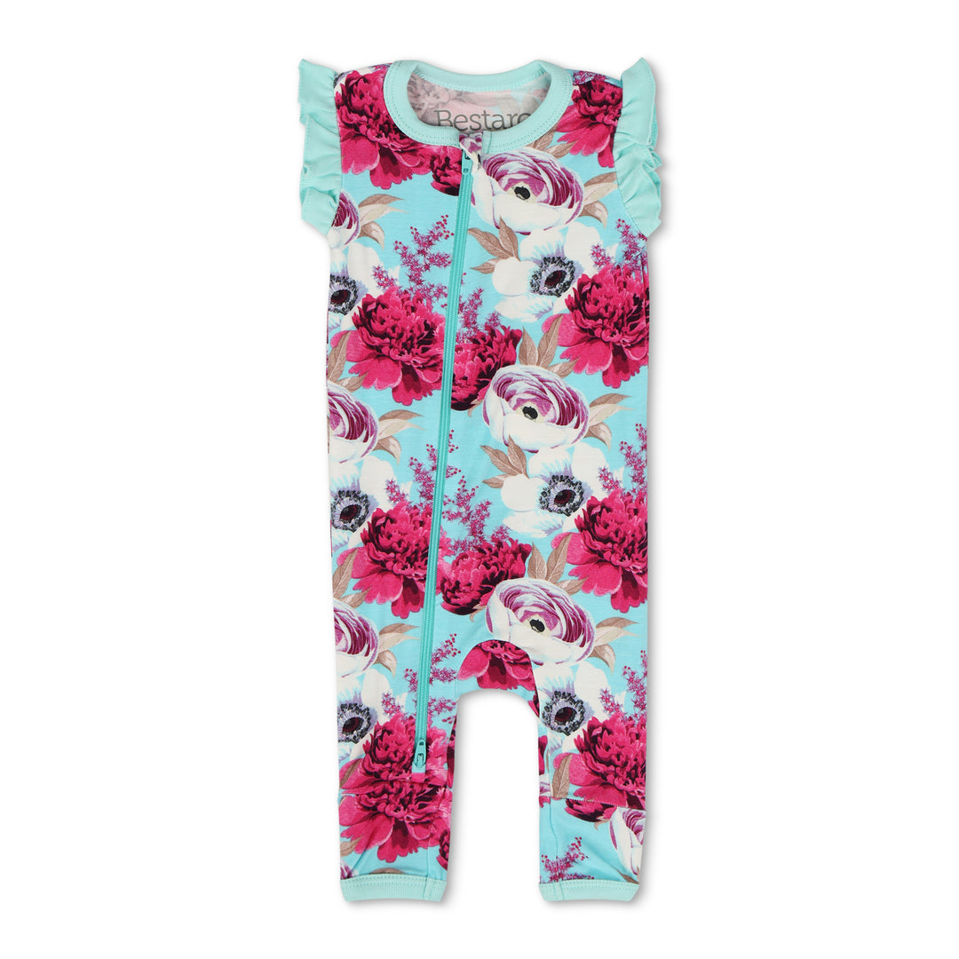 Floral and unicorn-themed baby onesie on a white background