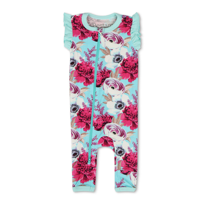 Floral and unicorn-themed baby onesie on a white background