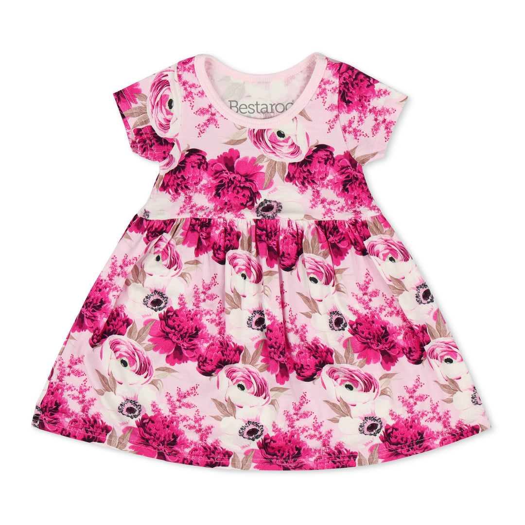 Pink floral dress with animal print on a white background