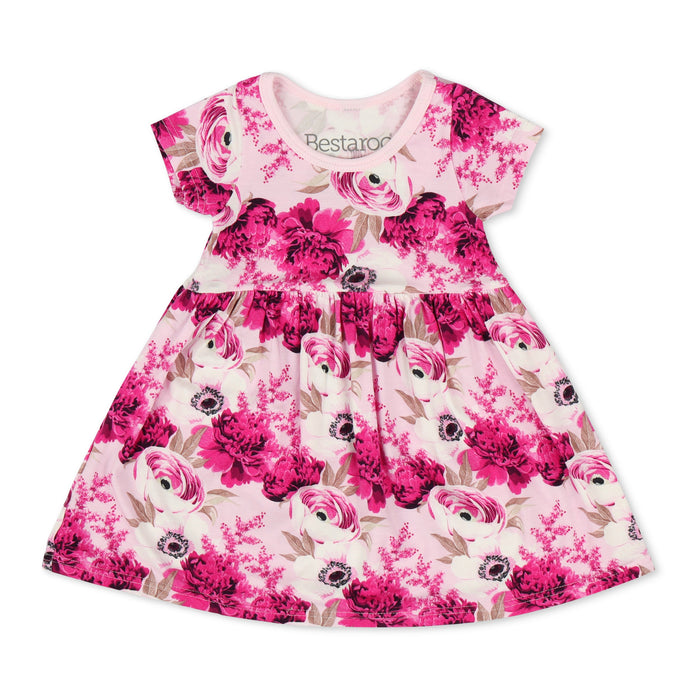 Pink floral dress with animal print on a white background