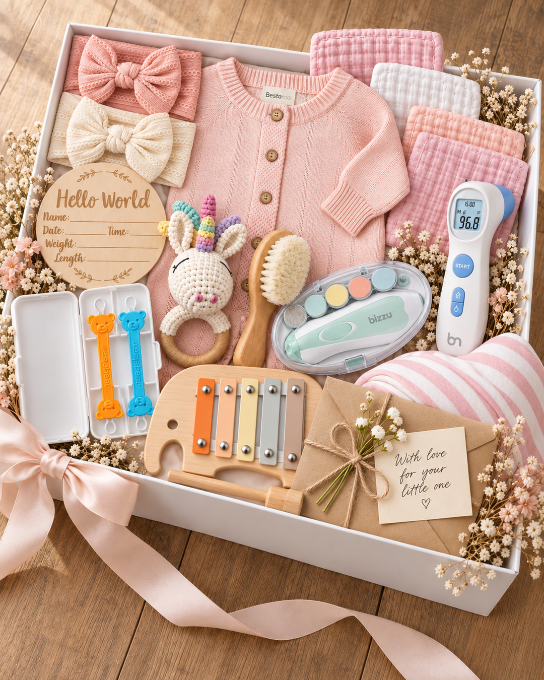 A baby gift box filled with baby essentials on a wooden surface, including a pink knit cardigan, pink and cream bows, folded blankets, a wooden rattle, a small xylophone, a thermometer, a brush, and a Hello World name tag.
