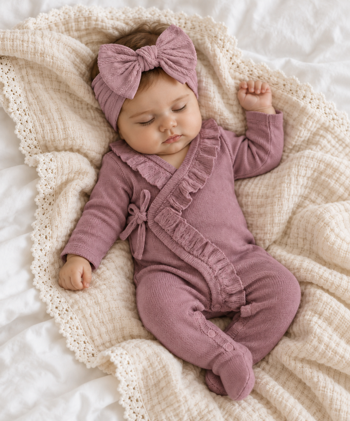 Ruffle Knit Romper in Soft Plum