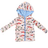 Children's jacket with car pattern and blue hood on a white background