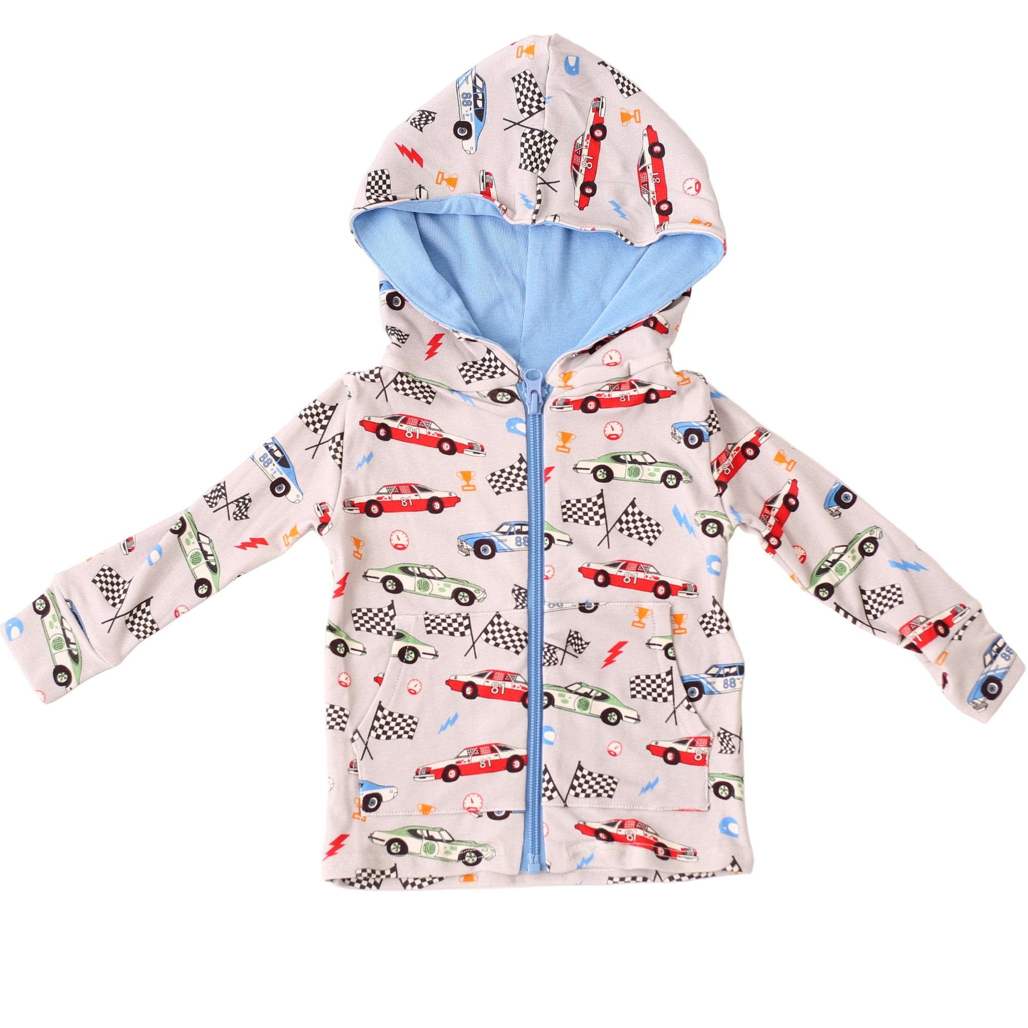 Children's jacket with car pattern and blue hood on a white background
