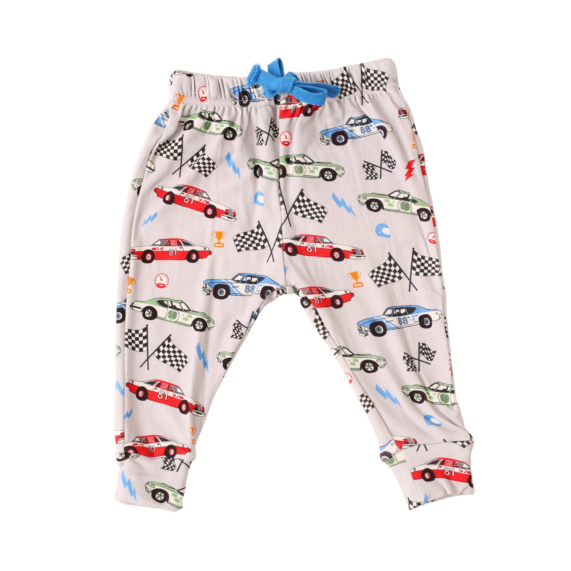 Children's pajama pants with race car and flag pattern on a white background