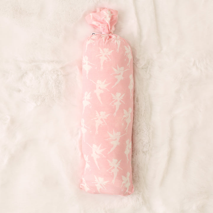 Pink floral-patterned bottle cover on a light beige background