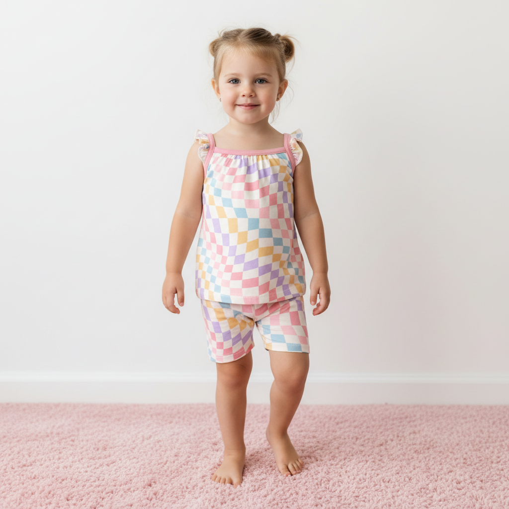 Child wearing a colorful checkered outfit on a pink carpet with a white wall background