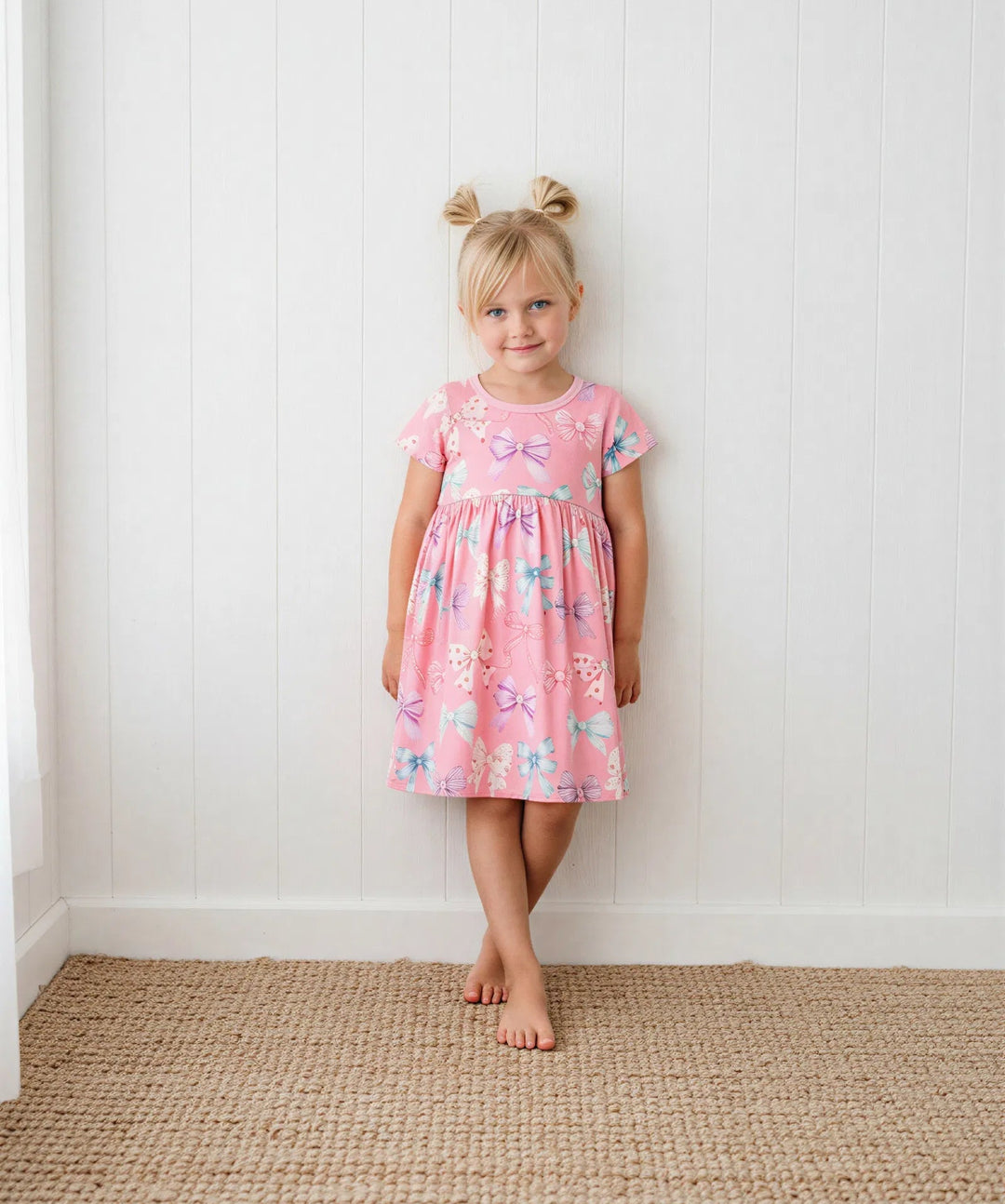 Young girl in a pink floral dress standing against a white wall.