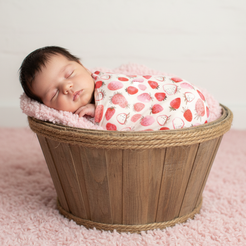 Newborn baby sleeping in a wooden basket with a strawberry patterned blanket on a pink surface.