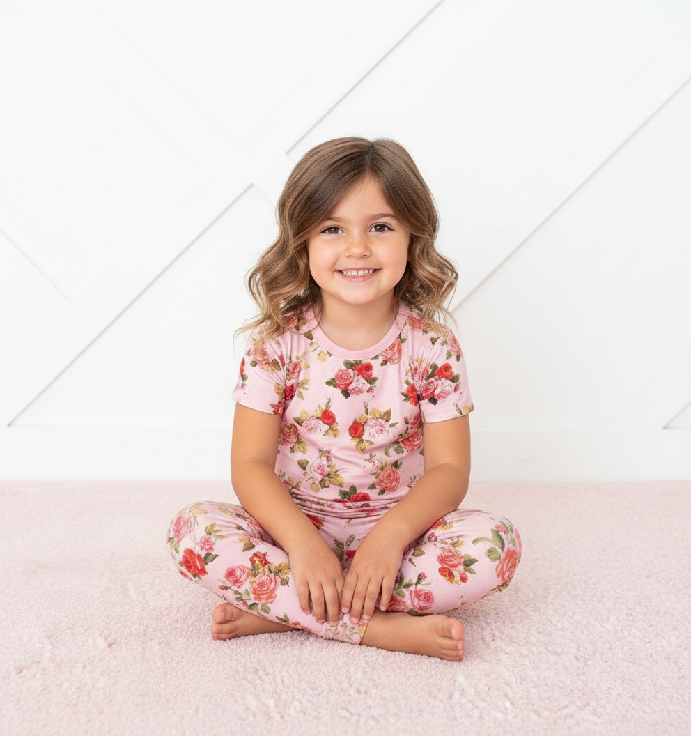 Young girl wearing pink floral pajamas sitting on a white surface.