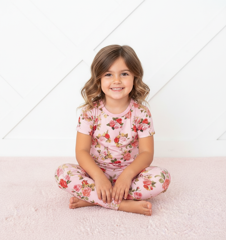 Young girl wearing pink floral pajamas sitting on a white surface.