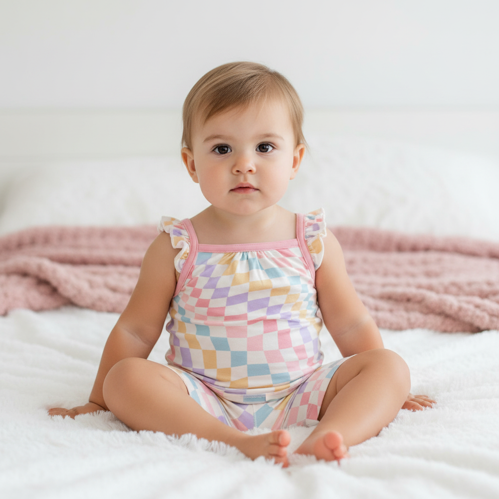 Baby sitting on a white surface wearing a colorful checkered outfit with pink straps.