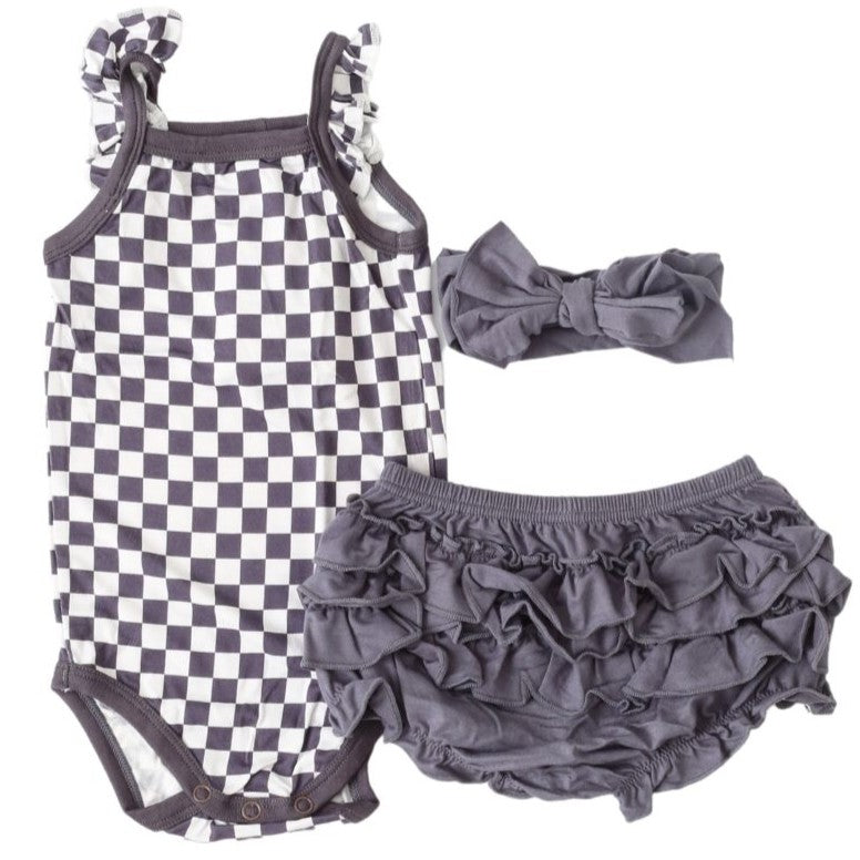 Charcoal Checks Ruffle Bloomer Set