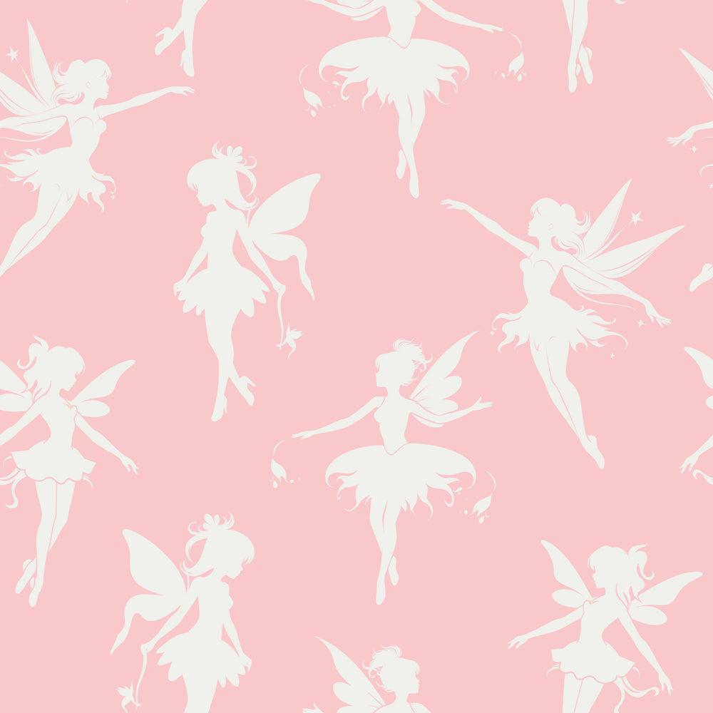 White fairy silhouettes on a pink background