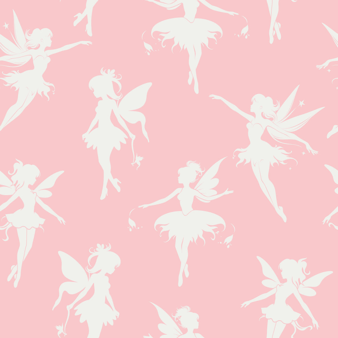 White fairy silhouettes on a pink background