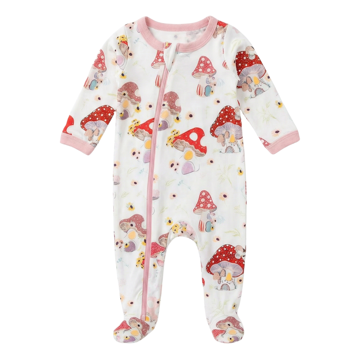 Baby onesie with mushroom and gnome pattern on a white background
