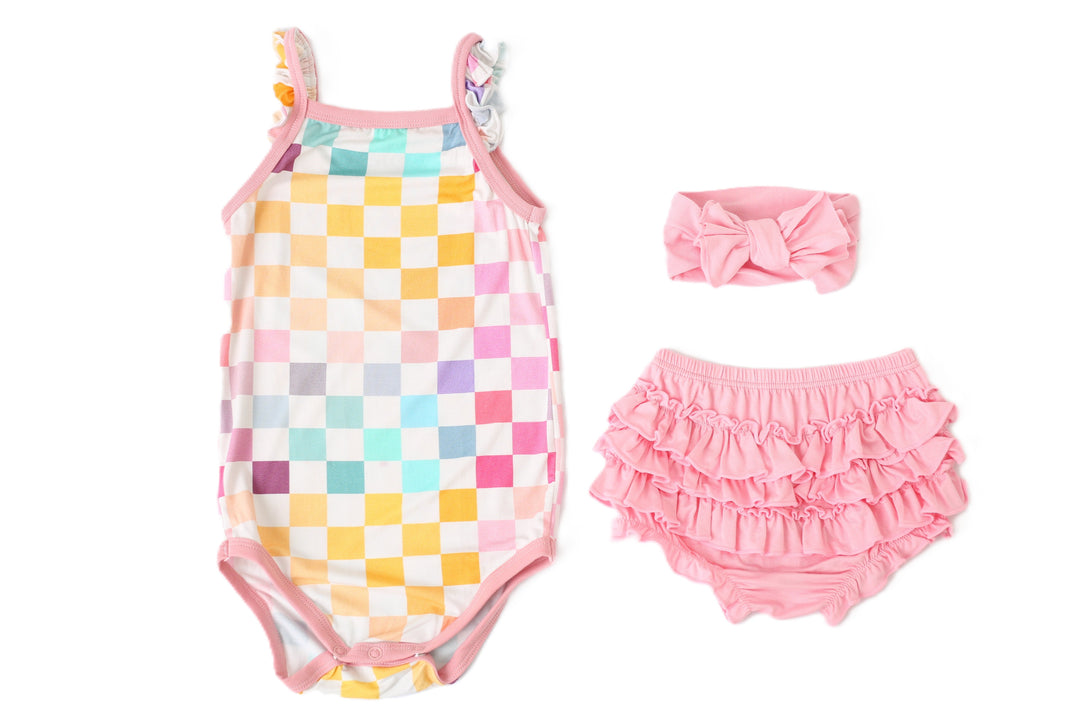 Bestaroo - Bamboo - Pastel Checks Ruffle Bloomer Set