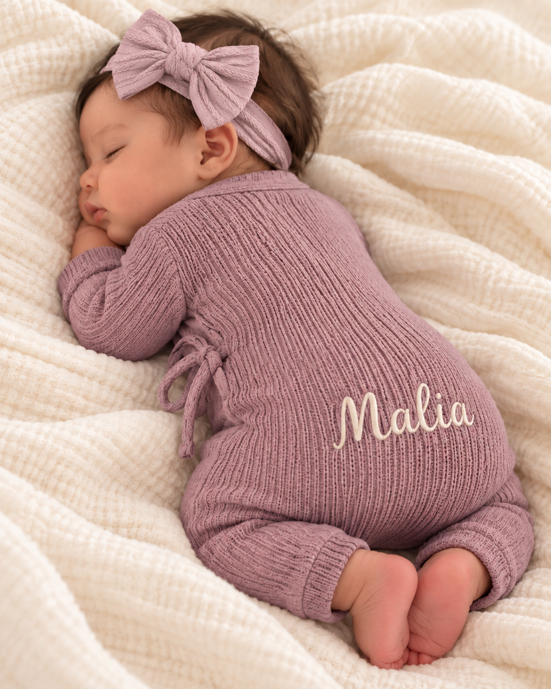 Ruffle Knit Romper in Soft Plum