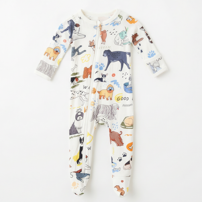 Children's onesie with animal pattern on a white background