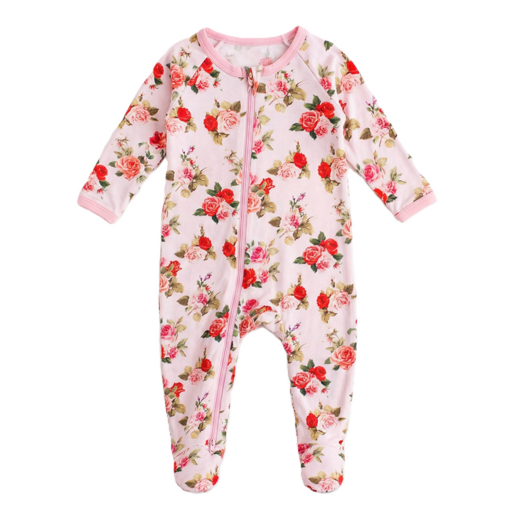 Floral-patterned baby onesie on a white background