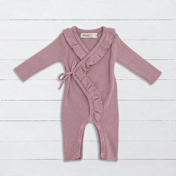 Ruffle Knit Romper in Soft Plum