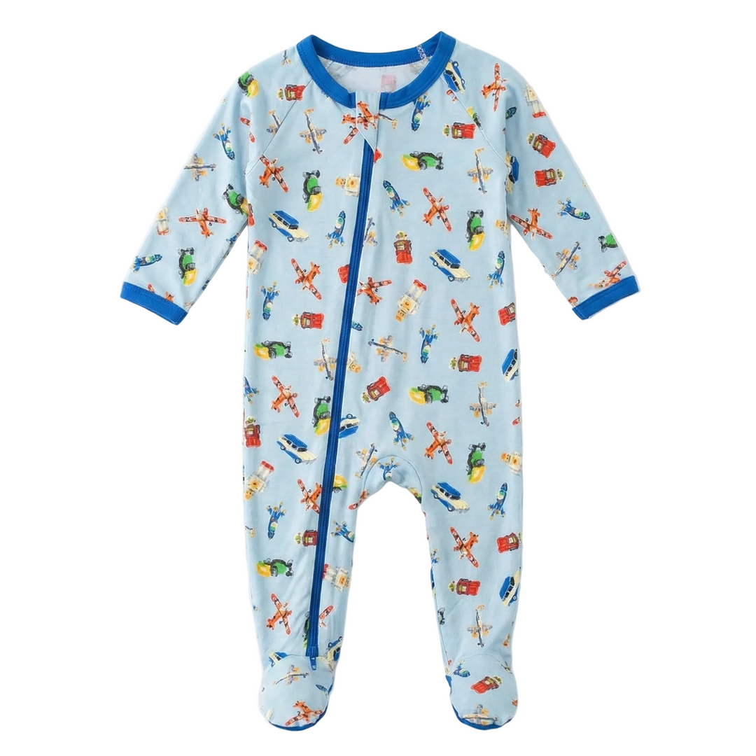 Children's onesie with colorful patterns on a light blue background