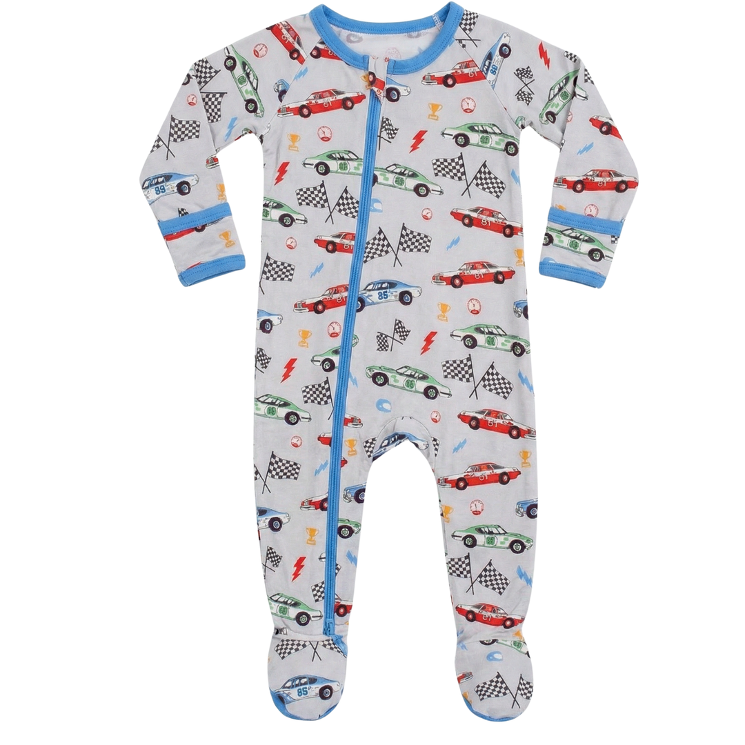 Baby onesie with car pattern on a white background